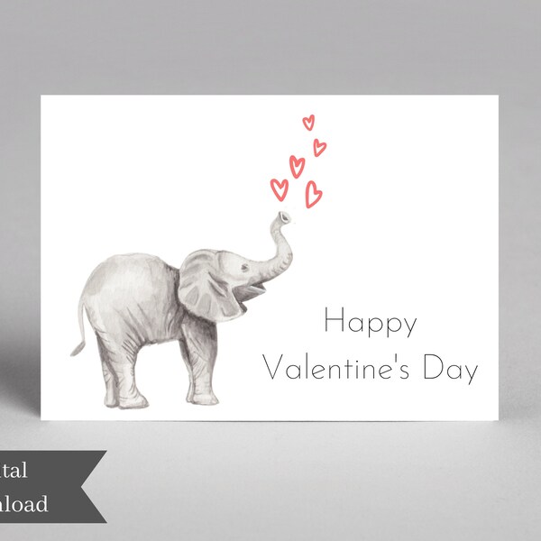 Sweet Valentines Day Postcard Printable, Elephant Blowing Heart Kisses Valentine Card, DIY Valentines Digital Download Card