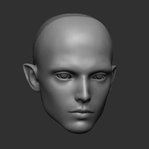 May include: A gray, 3D-rendered head with a smooth, matte finish. The head features prominent, pointed ears, a defined nose, and closed eyes. The overall design suggests a stylized, possibly fantasy-themed character or sculpture.