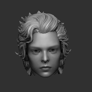 May include: A grayscale 3D-rendered head with wavy, shoulder-length hair. The face has a neutral expression, with detailed eyes, a defined nose, and full lips. The hair has a textured appearance, and the overall aesthetic is smooth and realistic.