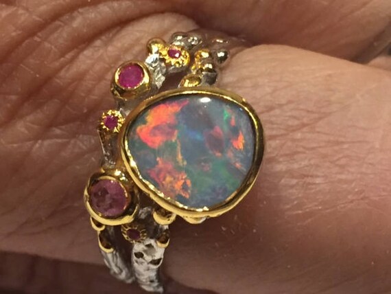 flashy opal ring | ruby and opal ring | sterling … - image 1