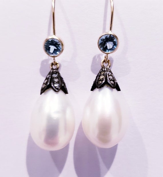 Diamond and blue topaz pearl earrings