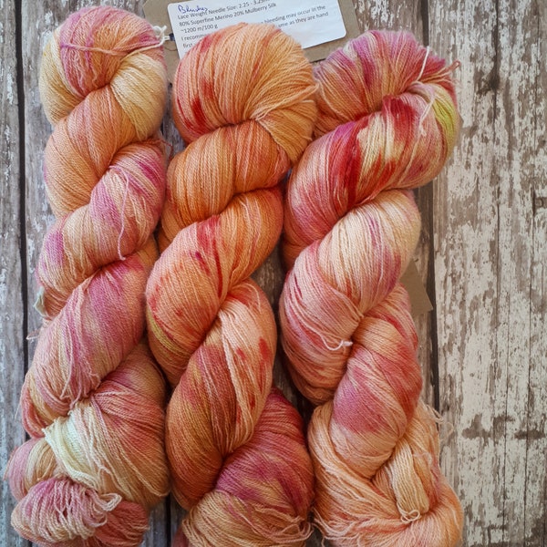 Blushed Lace Yarn in Peach, Pink and a little Yellow Merino and Muberry Silk Blend