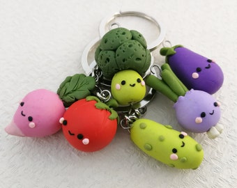 kawaii vegetable keychain radish tomato cucumber onion broccoli eggplant BFF Vegetarian gift Cute Food keyring Vegan charm