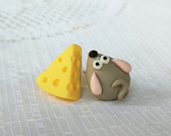 Mouse and Cheese earrings Cute Mouse Xmas Gift for girl Mismatch Kawaii studs Mini Zoo