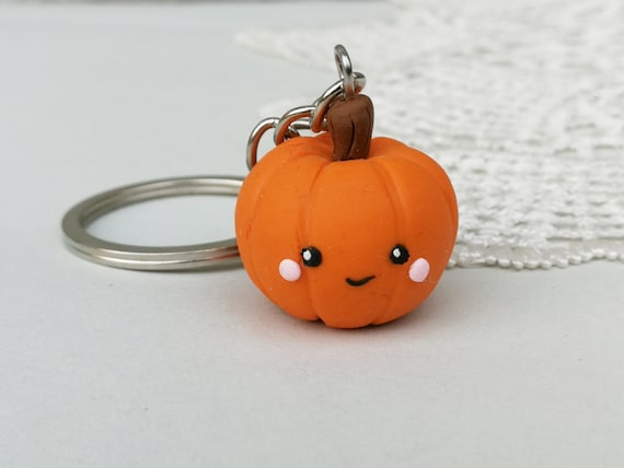 Kawaii Pumpkin Keychain, Cute Fall Key Chain, Halloween or Thanksgiving Gift, Autumn Polymer Clay Accessory
