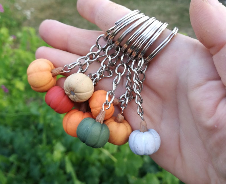 Puede incluir: Un conjunto de siete llaveros de calabaza en miniatura en varios colores, incluyendo naranja, verde, blanco y marr&oacute;n. Los llaveros est&aacute;n unidos a un llavero plateado.