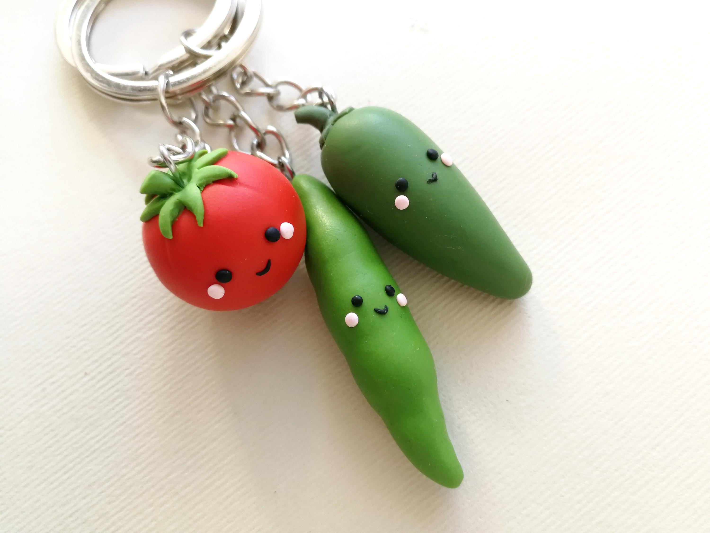 Kawaii Vegetable Keychain: Handmade Polymer Clay Tomato, Green