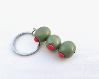 Green Olive Keychain, Funny Martini Lover Gift, Polymer Clay Keyring, Foodie Accessory, Cocktail Gift, Olive Bag Charm