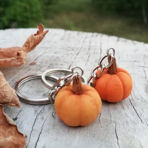Puede incluir: Dos peque&ntilde;os llaveros de calabaza naranja con anillos de llave plateados. Las calabazas est&aacute;n unidas a los anillos de llave con cadenas plateadas.