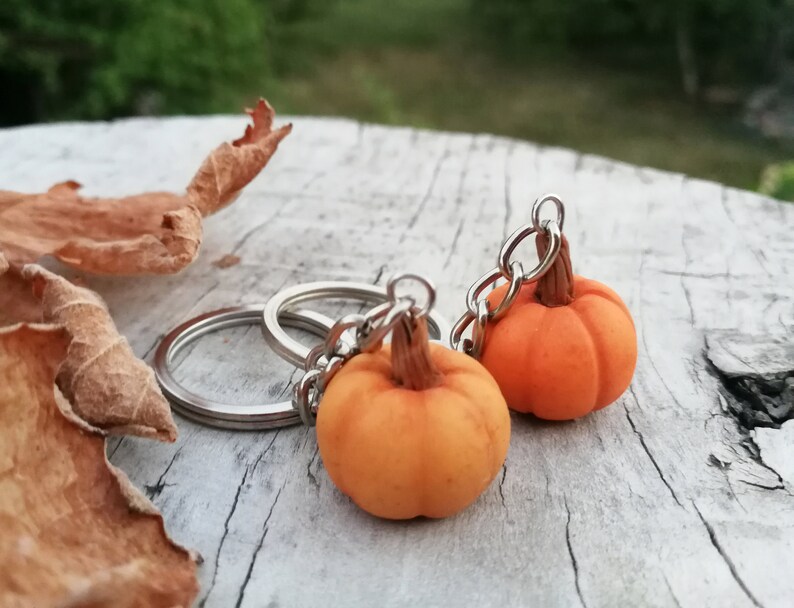 Puede incluir: Dos peque&ntilde;os llaveros de calabaza naranja con anillos de llave plateados. Las calabazas est&aacute;n unidas a los anillos de llave con cadenas plateadas.