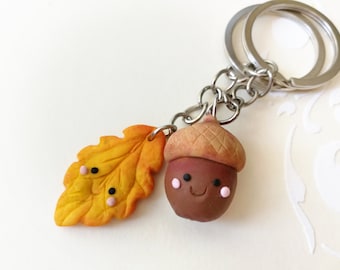 Autumn Keychain – Kawaii Acorn & Leaf Charm, Cute Fall Bag Accessory, Thanksgiving Gift for Friend