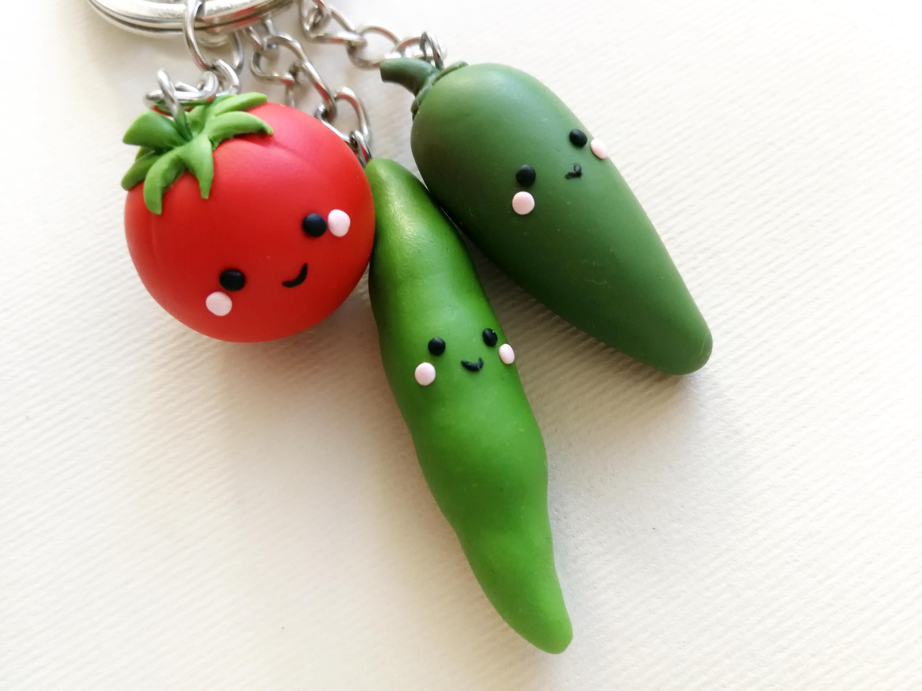 Kawaii Vegetable Keychain: Handmade Polymer Clay Tomato, Green