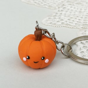 May include: A small orange pumpkin keychain with a brown stem and a cute smiling face. The pumpkin has pink cheeks and black eyes. The keychain is attached to a silver key ring.