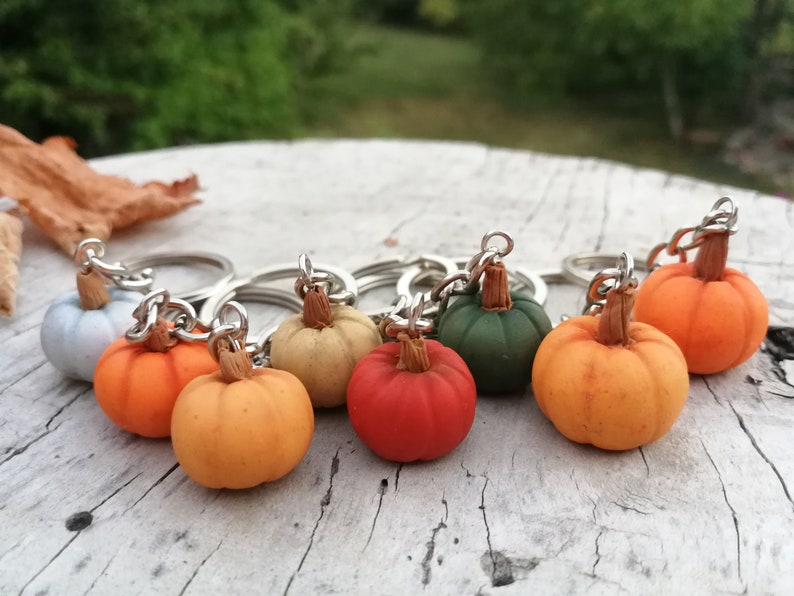 Puede incluir: Un conjunto de nueve llaveros de calabaza en miniatura de varios colores, incluyendo naranja, rojo, verde, beige y azul. Cada calabaza tiene un llavero plateado.