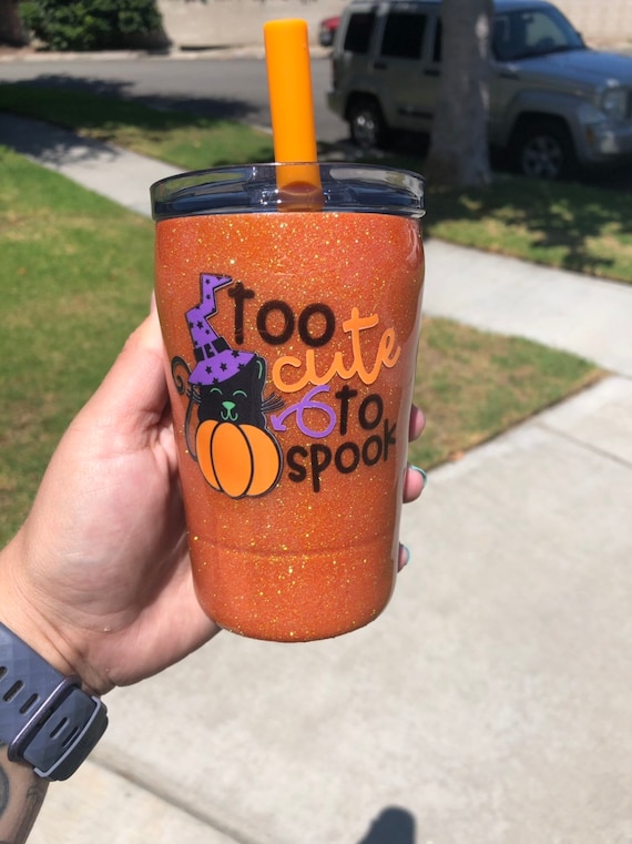 Kids Glittered 12 Oz Tumbler With Straw. Halloween Themed