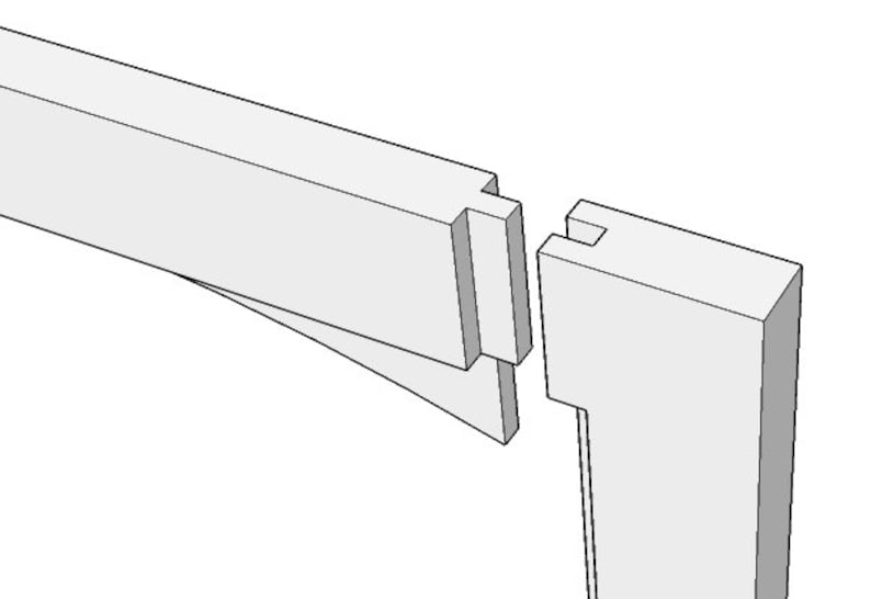 May include: A close-up of a white wooden frame with a mortise and tenon joint. The joint is a traditional woodworking technique that creates a strong and durable connection between two pieces of wood.