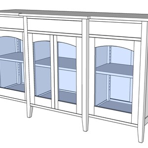 May include: White wooden cabinet with three glass doors and two shelves in each section. The cabinet has a simple design with a slightly arched top.