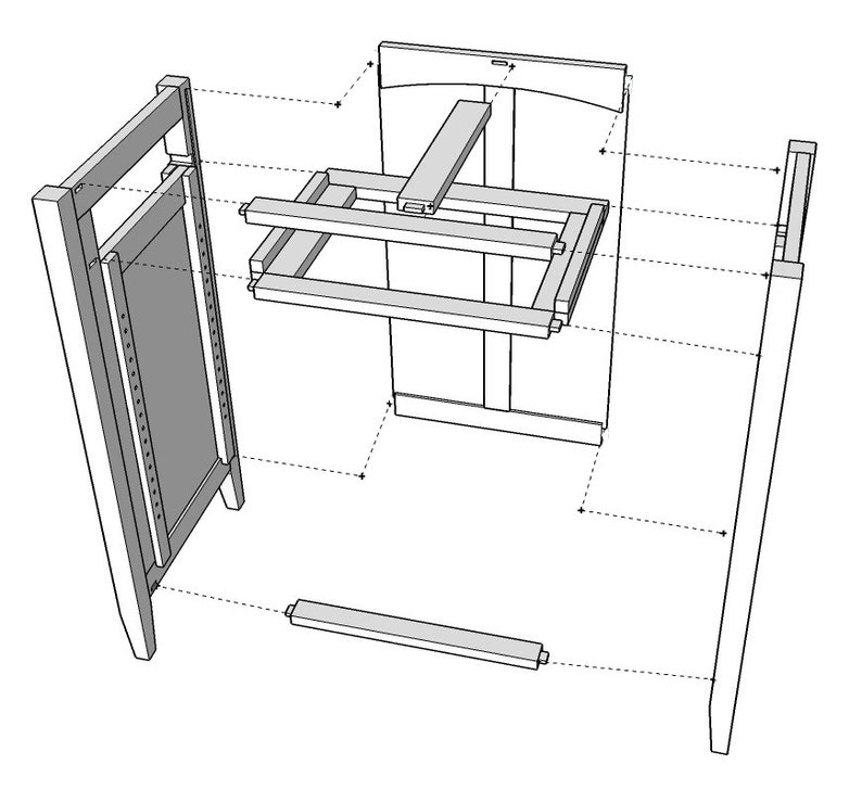 May include: A disassembled wooden cabinet with a door, shelves, and side panels. The cabinet is made of light-colored wood and has a simple design.