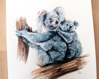 Original watercolour 'Koala mum and joey' painting 23 x 31 cm