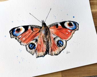 Original watercolour Peacock butterfly painting 23 x 31 cm