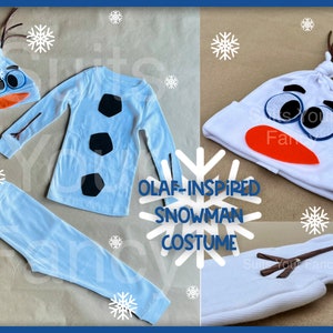 Peut inclure: Un costume de bonhomme de neige inspiré d'Olaf, de couleur bleu clair. L'ensemble comprend une chemise à manches longues, un pantalon et un chapeau avec un nez en carotte et des cheveux en brindilles. La chemise a trois formes hexagonales noires. Le texte "Olaf-Inspired Snowman Costume" est visible.