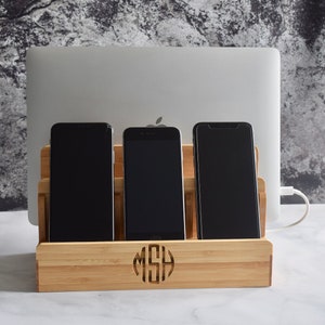 Bamboo Multi Charging Docking Station Wooden Docking Station Personalized Gifts Phone and Laptop Dock image 3