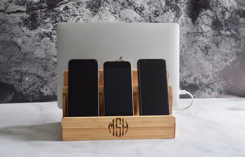 Bamboo Multi Charging Docking Station Wooden Docking Station Personalized Gifts Phone and Laptop Dock image 3