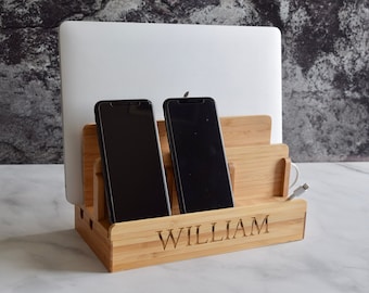 Bamboo Docking Station- Wooden Docking Station- Personalized Gifts- Multi Charging Docking Station -  Phone and Laptop Dock