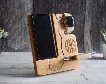 Bamboo Docking Station - Apple Watch Charging Port - Wooden - Personalized Gifts- Phone Charging Docking Station
