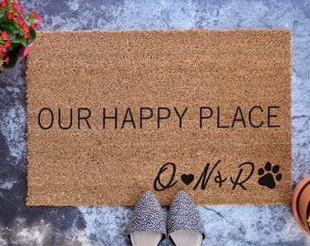 OUR HAPPY PLACE - Custom Doormat - Personalized Doormat - Wedding Gift - Housewarming Gift - Front Doormat