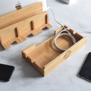 Bamboo Multi Charging Docking Station Wooden Docking Station Personalized Gifts Phone and Laptop Dock image 5