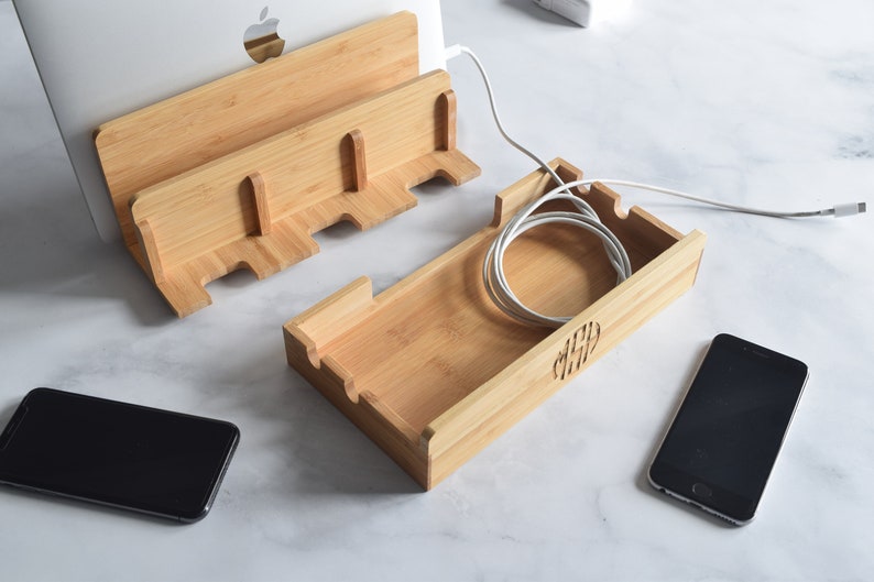 Bamboo Multi Charging Docking Station Wooden Docking Station Personalized Gifts Phone and Laptop Dock image 5