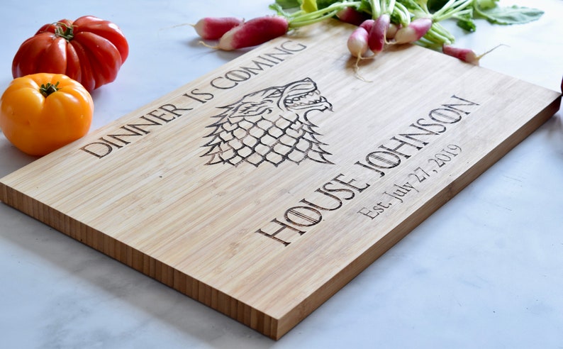 Dinner Is Coming Custom Stark Engraved Cutting Board Personalized Wedding Engagement Gift Anniversary image 2