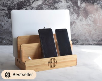 Bambus Multi Ladestation - Holz Docking Station - personalisierte Geschenke - Telefon und Laptop Dock