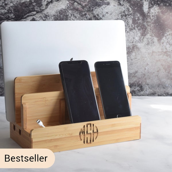 Bamboo Multi Charging Docking Station- Wooden Docking Station- Personalized Gifts -  Phone and Laptop Dock
