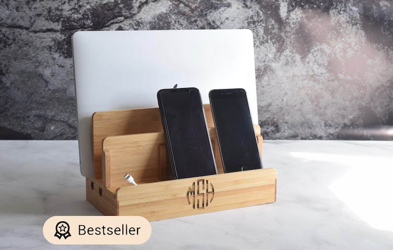 Bamboo Multi Charging Docking Station Wooden Docking Station Personalized Gifts Phone and Laptop Dock image 1