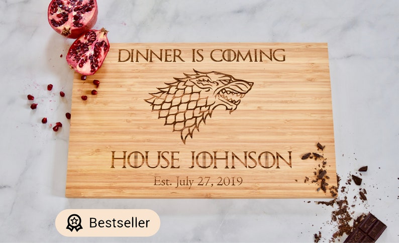 Dinner Is Coming Custom Stark Engraved Cutting Board Personalized Wedding Engagement Gift Anniversary image 1