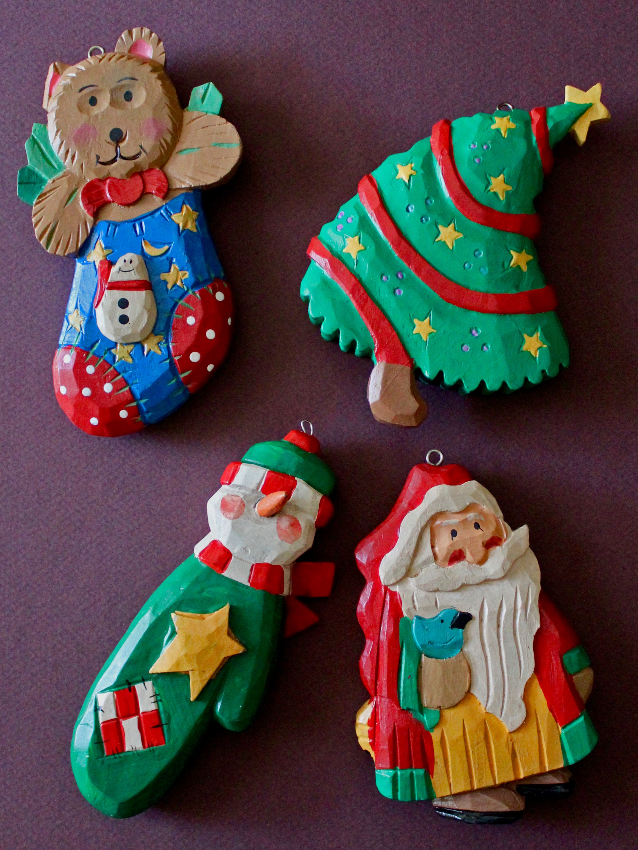 Wood Carved Christmas Ornaments Set of 4 Primitive Folk | Etsy