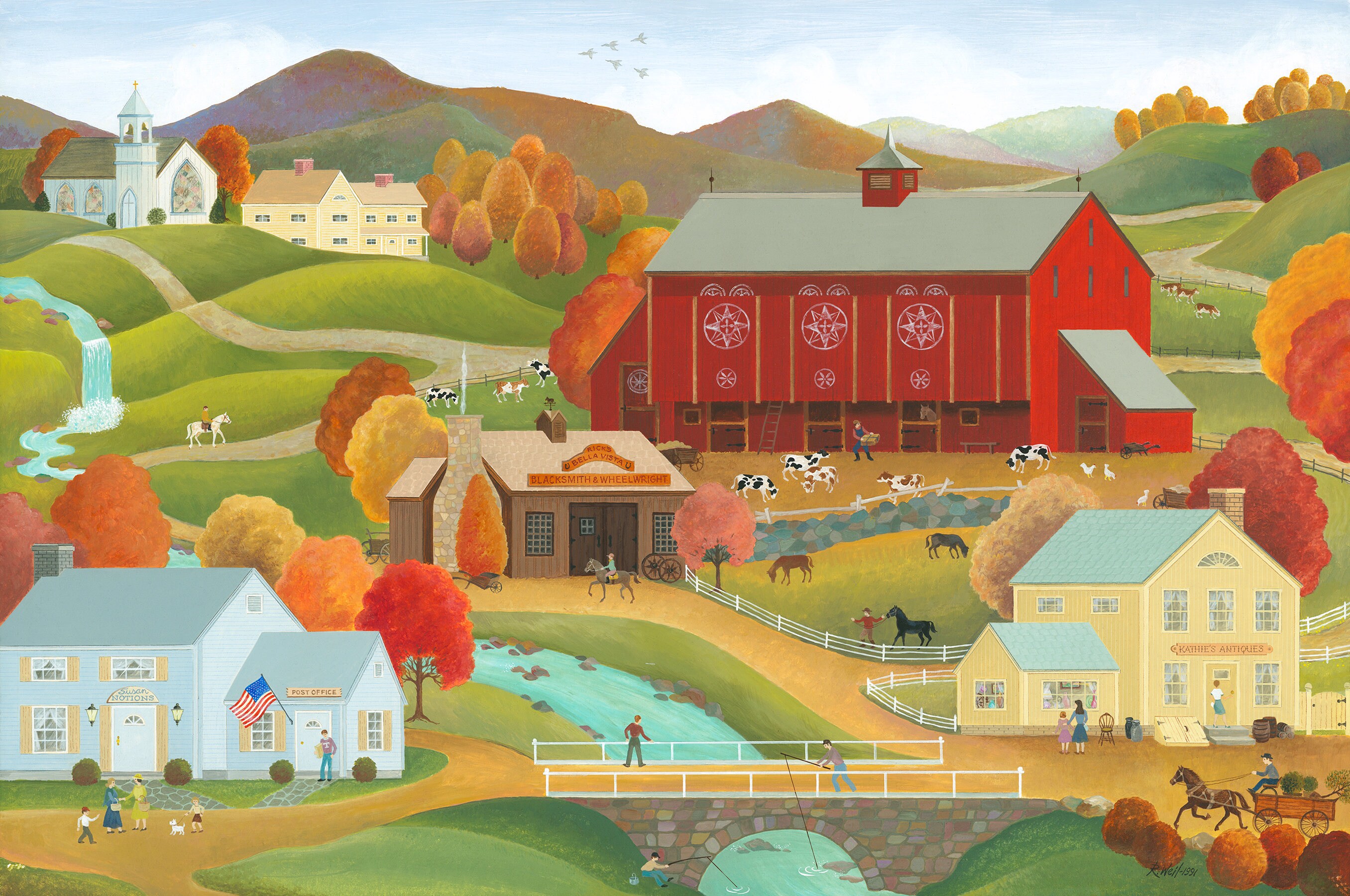 Folk Art Painting Autumn At The Big Red Barn Etsy