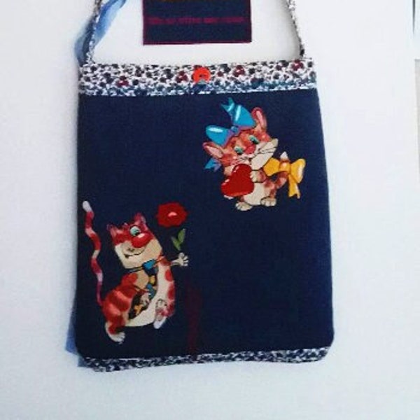 Sac tote-bag pour enfant sac tissu Jeans sac brodé chat et souris  broderies sur le devant et petite poche liberty.