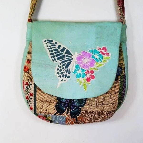 Bolso para mujer en tela Jacquard estampado bolso romántico con solapa de corcho bordado bordado mariposa.