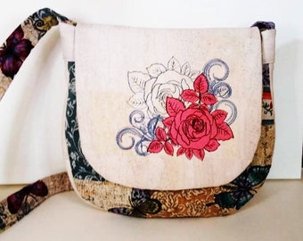 Sac à main  pour femme en tissu Jacquard sac romantique rabat liège brodé broderie florale.