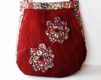 Sac à main femme sac brodé sac  tissu liège bordeaux broderies fleurs appliquées  sac soufflet.