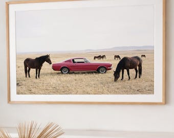 Red Vintage Fastback Car Print with Wild Horses, Western Desert Landscape Wall Art, Classic Retro Sports Car Photography