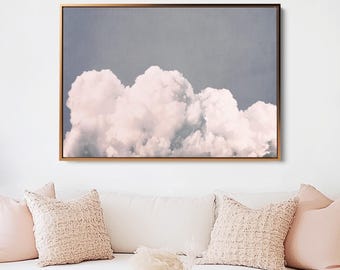 Dreamy Whimsical Cloud Art Canvas Wall Decor, Pastel Muted Gold Framed Canvas, Modern minimalist art, Eethereal art, Tranquill Wall Art