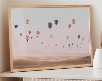 Balloon Wall Art Print Framed Landscape Artwork Nursery Decoration Bedroom Modern Design Colorful Desert Adventure Scene Aerial View Sky