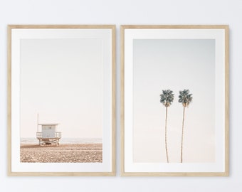 Pastel Beach Prints, Set of 2 Art, Trendy Wall Prints, Apartment Decor, Palm Trees, Minimalist Beach Art, Coastal Wall Art, Framed Beach