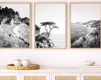 Black and White Coastal California Wall Art Set of 3, Big Sur Cliff Photography Prints, Moody Ocean Landscape Decor, Framed Matted Wall Art