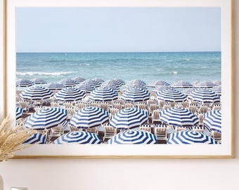 Coastal Nice France Beach Umbrellas Wall Art Print, Striped Summer Photography, Giclée Ocean Decor, Framed or Matted Beach House Print