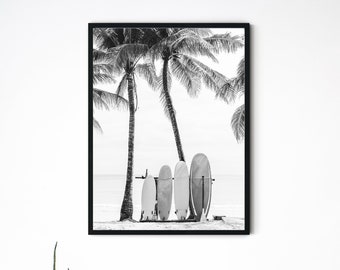 Arte de pared de tabla de surf enmarcada, fotografía en blanco y negro, impresiones modernas de playa, arte de palmeras